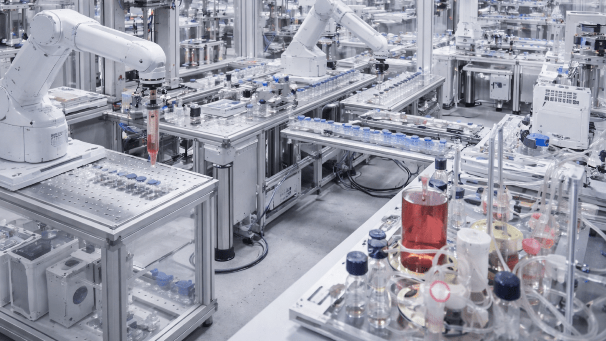 Fully automated cell therapy manufacturing line with robotic systems in sterile cleanroom environment