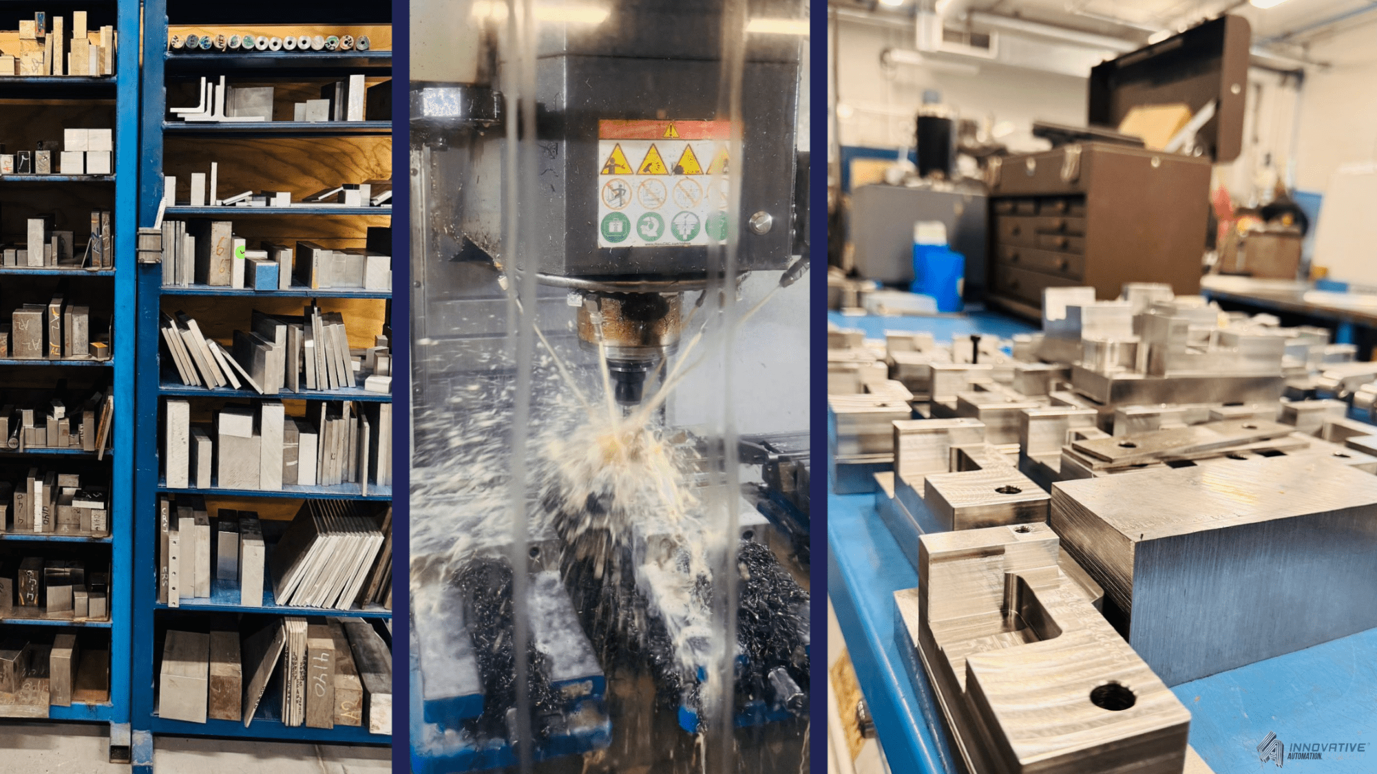 CNC machining process showing raw material, milling operation, and finished precision components